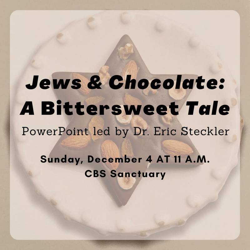 		                                </a>
		                                		                                
		                                		                            	                            	
		                            <span class="slider_description">This lecture, led by Dr. Eric Steckler, will tell the story of Jews and their historic involvement with chocolate - both the bitter and the sweet</span>
		                            		                            		                            